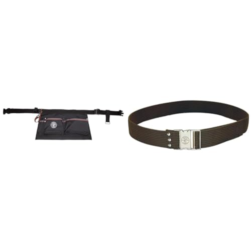 Klein Tools 5244 Tool Apron, Tape Thong and Four Reinforced Pockets for Hand Tools, Waist Size 32 to 53-Inch & 5225 Tool Belt, Adjustable Electrician Belt is 2-Inch Wide, Adjusts for 48-Inch Waist Pockets + Tool Belt