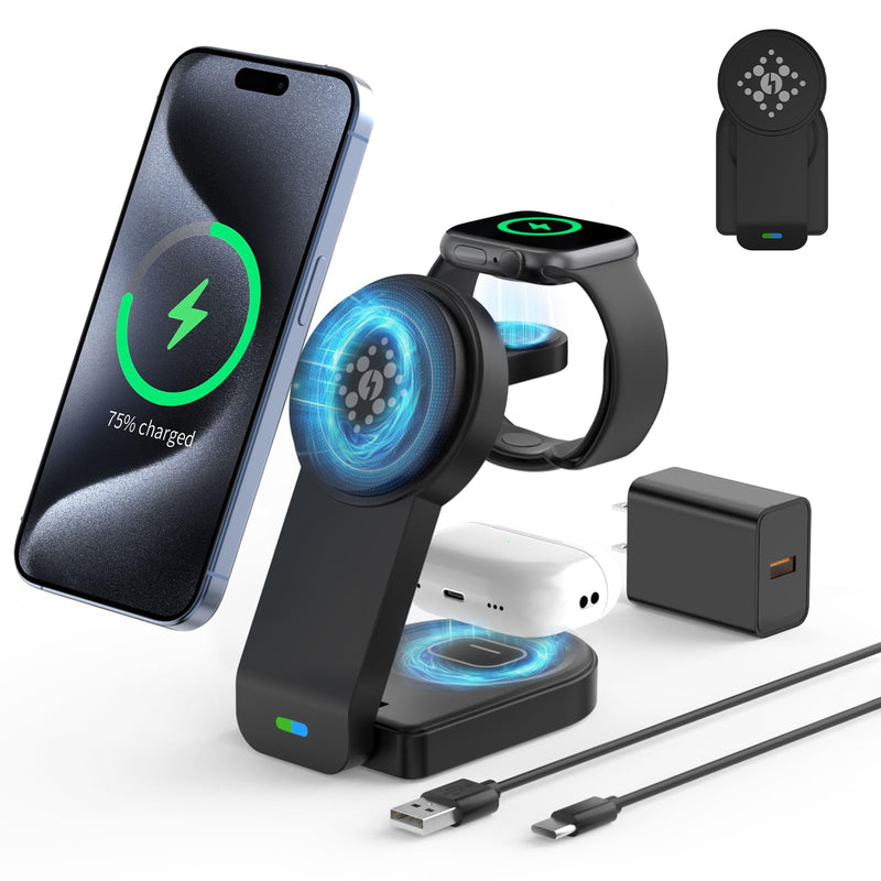 3 in 1 Wireless Charging Station Compatible with Apple Devices,Foldable Magnetic Wireless Charger for iPhone 15/14/13/12,Apple Watch Ultra 2/Ultra/Seires 9/8/7/6/5/4/SE/SE 2,Air-Pods 3/Pro/2(Black) Black