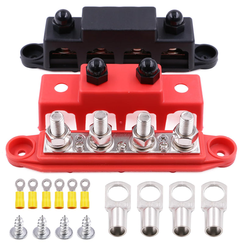 48V DC 250A Bus Bar Power Distribution Block with 4 x 3/8" Studs, 3X #8 Screws Terminals Battery Busbar 12V 24V for Cars RVs Boats Yachts, extra 10 Lugs, Positive& Ground, 2 Pack 250A- 48V DC- 4x 3/8"- Black& Red