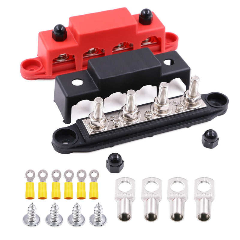 12V- 48V DC Bus Bar 250A Power Distribution Block with 4 x 5/16" Studs, 3X #8 Screws Terminals Battery Busbar with Cover, and extra 10 Lugs, Positive& Ground, 2 Pack 250A- 48V DC- 4x 5/16"- Black& Red