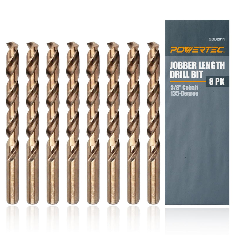 POWERTEC 3/8" Cobalt Drill Bits - 8 Pack - 5" Length - M35 HSS Jobber Length Twist Bits with 135° Tip for Drilling Wood, Metal, Stainless Steel, Nickel Alloy, Cast Iron & Plastic (QDB2011-P2) 3/8", 8PK