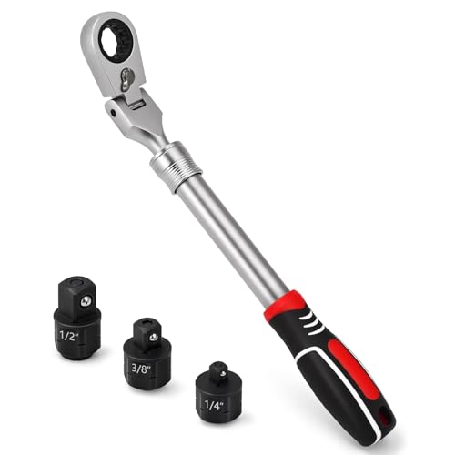 Extendable Ratchet Wrench Set with 1/4", 3/8", and 1/2" Drive Adapters, 72-Tooth Fine Ratcheting, 180° Flex-Head for Tight Spaces