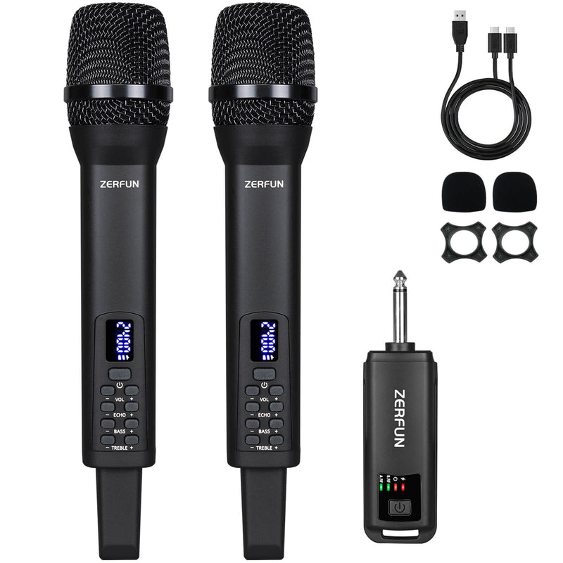 Rechargeable Wireless Microphones Dual, Pro Handheld Cordless Mics System Dynamic with Echo Treble BASS VOL Control for Karaoke Singing Church Party, 1/4'' Output, D240, Black 2 Mics, Black