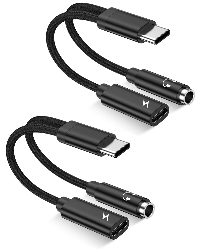 2Pack 2 in 1 USB C to 3.5mm Aux Adapter, Android Dongle C to C Fast Charging for Samsung Galaxy, Apple iPhone 15 Headphone Jack Adapter, 60W PD Aux Audio Cord Adoptor, Aux Male to Female Converter
