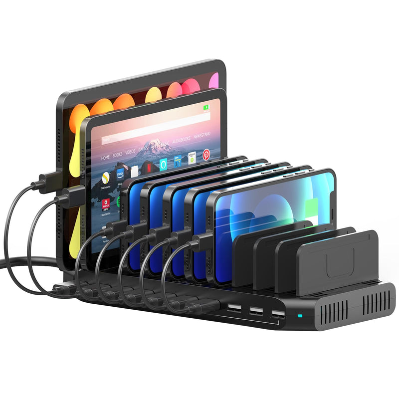 10-Port Multi Charging Station, 60W USB Tablet Charging Station for Multiple Devices, USB Charging Dock Multi Device Charger Organizer with Adjustable Dividers for Tablets, Smartphones Ebony