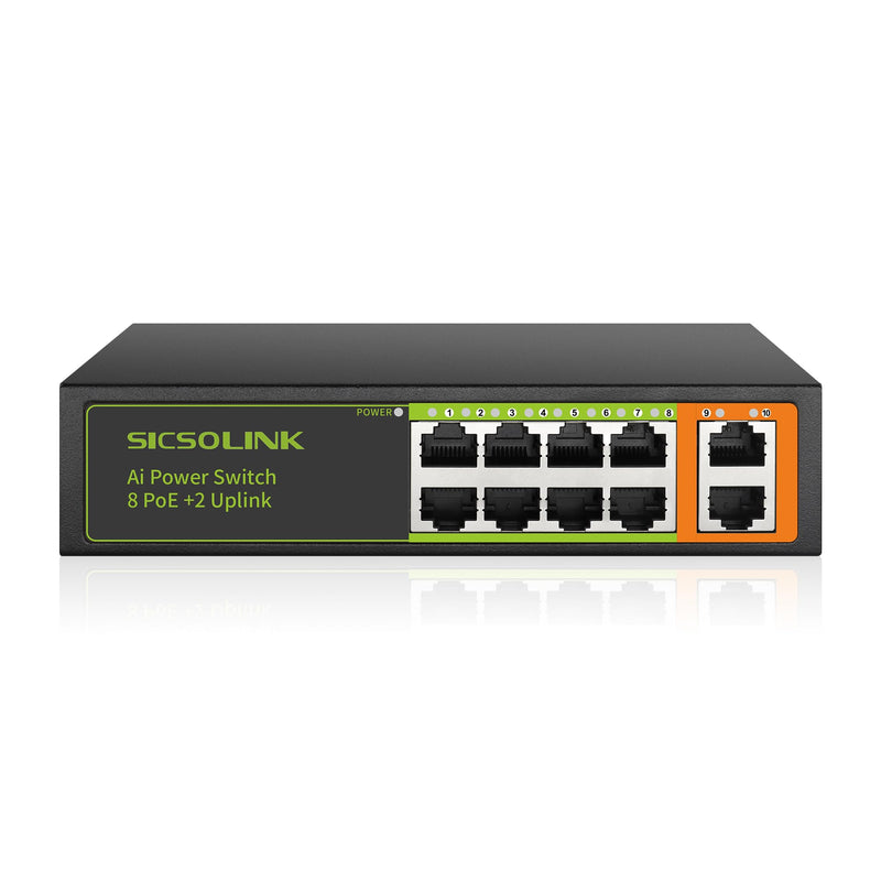 8 Ports PoE+ Ethernet Switch 2 Uplink 802.3af/at 120W Total Power 100Mbps Network Hub 20 Gbps Switch Capacity Unmanaged PoE Switch Suitable for IP Cameras Home & Office. 8*POE+2*FE