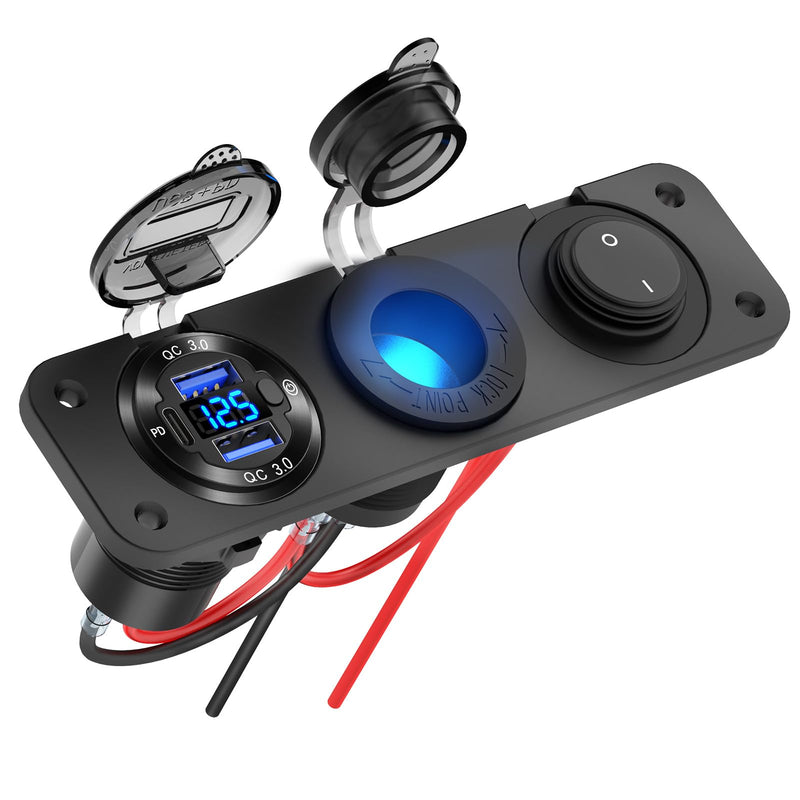 12V USB Outlet Boat Accessories Marine Switch Panel Plug, PD3.0 and Dual QC3.0 USB Ports Aluminum Car Charger with Voltmeter, Lighted 150W Cigarette Lighter Socket and Toggle Switch 3 in 1 DIY Kit