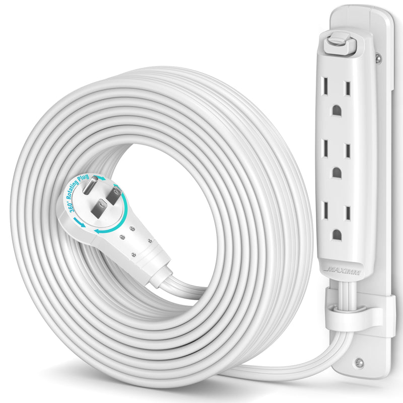 Maximm 360 Degree Rotating Flat Extension Cord 25 Ft Multi 3 Outlet Power Cord with Mounting Bracket, Grounded 16 AWG UL Certified, White 25 Feet