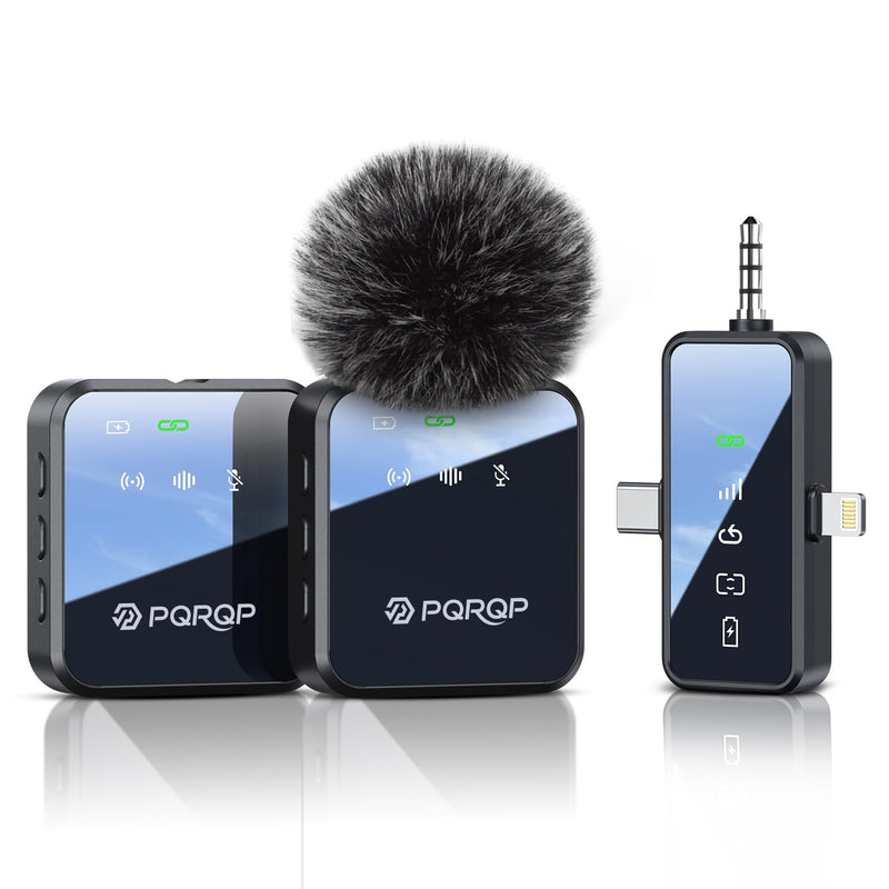 PQRQP 3 in 1 Microphone for iPhone/Android/Camera, Wireless Microphones, 328ft Transmission, 18H Battery Life, Mini Microphone for Record Interview, Vlogs, YouTube, Tiktok Ebony Black