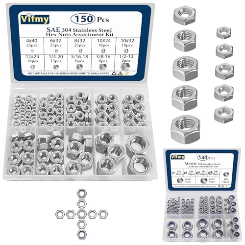 150 PCS SAE Hex Nuts Assortment Kit and 140 PCS Metric Nylon Insert Lock Nuts Assortment Kit,304 Stainless Steel