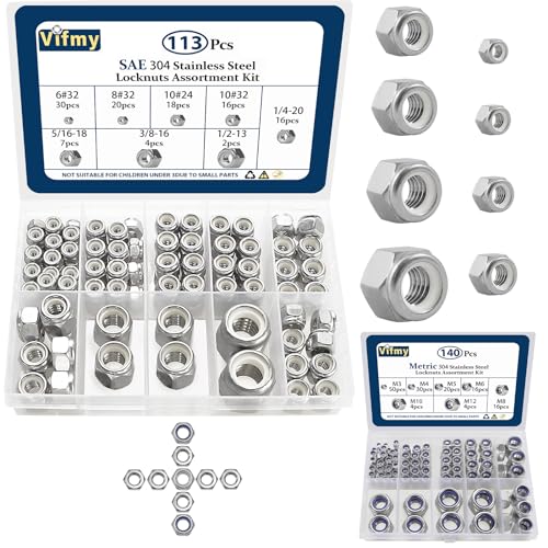 113PCS SAE Locknuts Assortment Kit and Metric 140 PCS Lock Nuts Assortment,304 Stainless Steel Nylon Insert Lock Nuts