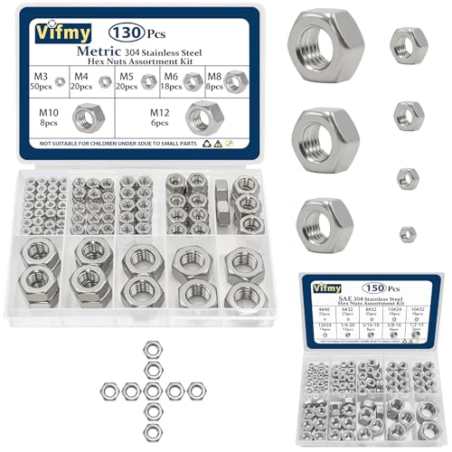 130 Pcs Metric Hex Nuts Assortment Kit and 150pcs SAE Hex Nuts Assortment Kit,304 Stainless Steel Standard Nut for Bolt