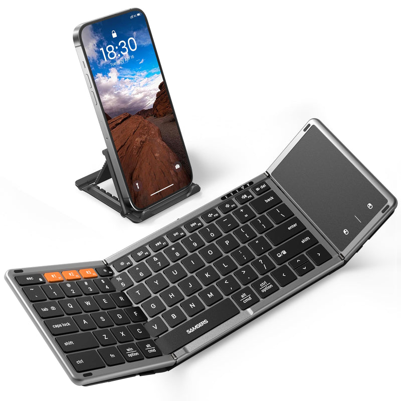 Samsers Foldable Bluetooth Keyboard with Touchpad, Full-Size Wireless Folding Keyboard with PU Leather, Portable Travel Keyboard for iOS Android Windows Mac OS, Support 3 Devices (BT5.1 x 3) Space Gray