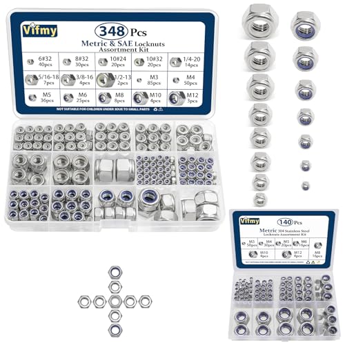 348 PCS SAE & Metric Nylon Insert Lock Nuts Kit and 140PCS Metric Locknuts Assortment Kit,304 Stainless Steel Nylock Nut