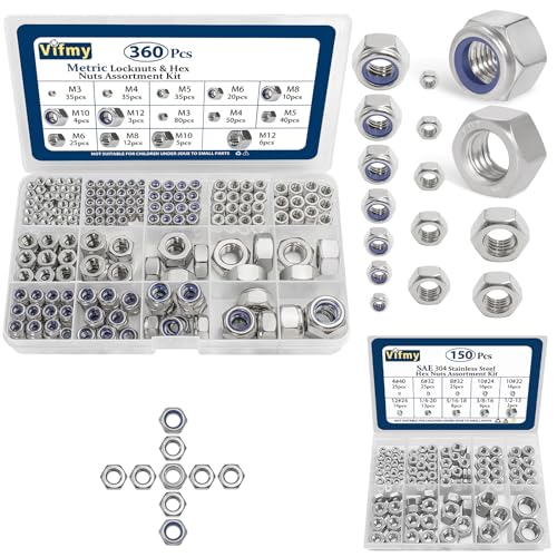 510 PCS SAE & Metric Hex Nut Assortment Kit and 150 PCS SAE Hex Nuts Assortment Kit,304 Stainless Steel Standard Nut for Bolt