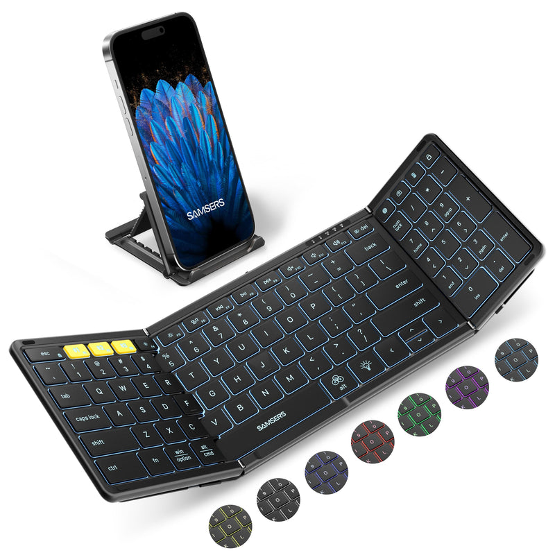 Foldable Bluetooth Keyboard with Numeric Keypad, Samsers Full-Size Wireless Folding Keyboard with Backlight, Portable Travel Keyboard for iOS Android Windows Mac OS, Support 3 Device(BT5.1 x 3), Black
