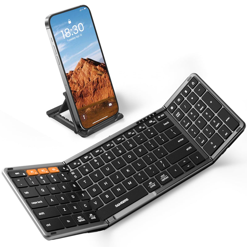 Samsers Foldable Bluetooth Keyboard with Numeric Keypad, Full-Size Wireless Folding Keyboard with PU Leather, Portable Travel Keyboard for iOS Android Windows Mac OS, Support 3 Device(BT5.1 x 3) Space Gray