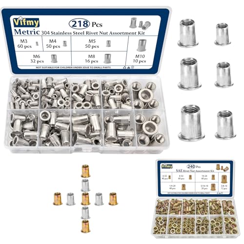 218 PCS Metric 304 Stainless Steel Rivet Nut Assortment Kit and 240 PCS SAE Zinc Plated Finish Carbon Steel Rivet Nut Assortment Kit,UNC Rivnut Threaded Insert Nut Set
