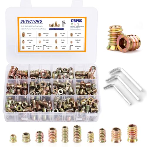 178Pcs Threaded Inserts for Wood,1/4"-20, 5/16"-18, 3/8"-16 10 Sizes Carbon Steel Inserts Kit,Hex Socket Threaded Screw Assortment with 3PCS Hex Wrench for Furniture 178Pcs Imperial Nuts