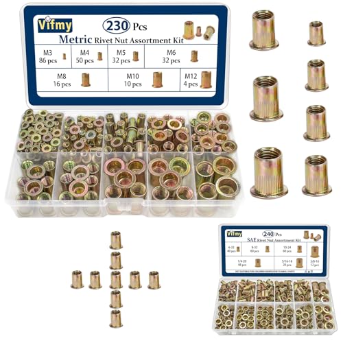 230 PCS Metric Rivet Nut Assortment Kit and 240 PCS SAE Rivet Nut Assortment Kit,UNC Rivnut Threaded Insert Nut Set,Zinc Plated Finish Carbon Steel Nutsert