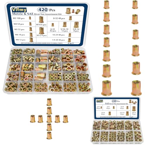 420 PCS Metric & SAE Rivet Nut Assortment Kit and 240 PCS SAE Rivet Nut Assortment Kit,UNC Rivnut Threaded Insert Nut Set,Zinc Plated Finish Carbon Steel Nutsert