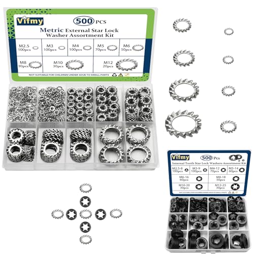 500 PCS 304 Stainless Steel External Tooth Lock Washers Assortment Kit and 500 PCS Steel Black Oxide Finish Internal Tooth Star Lock Washers