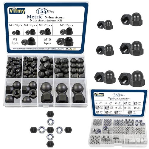 155 PCS Metric Black Nylon Acorn Nuts Assortment Kit and Metric 304 Stainless Steel Hex Nuts & Locknuts Assortment Kit