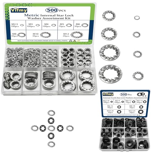500 PCS 304 Stainless Steel Internal Tooth Lock Washers Assortment Kit and 500 PCS Steel Black Oxide Finish Internal Tooth Star Lock Washers