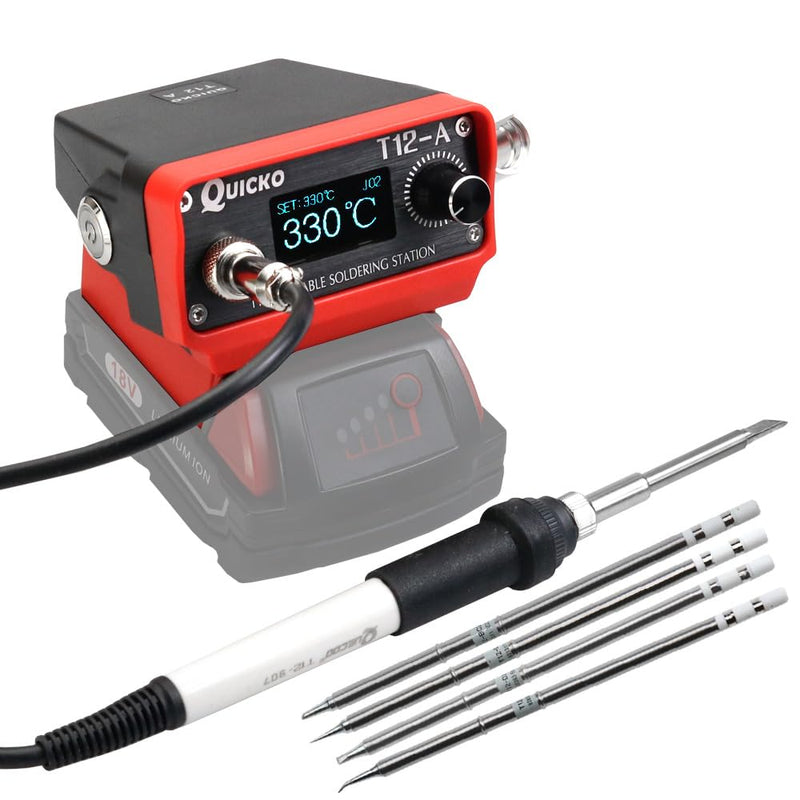 Cordless Soldering Iron Station,QUICKO T12 Soldering Station Fit for Milwaukee Battery 18/20V,Sleep Immediately,Injection Mold,°C/ºF Conversion (Battery Not Included) With 5pcs Solder Iron Tips Fit for Milwauke Battery
