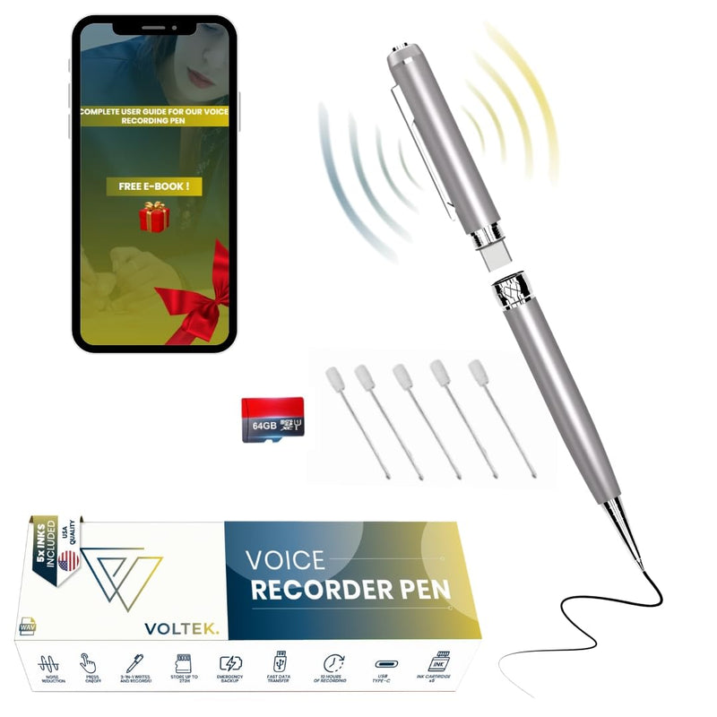 Digital Voice Recorder Pen - 64GB - Mini Audio Recording Device for Meetings - Portable Dictaphone Microphone Sound - Compact Digital Recorder with Free E-Book Included GREY