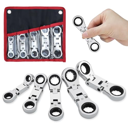 LOSCHEN 5-Piece Flex-Head Stubby Ratcheting Combination Wrench Set, Mini Wrench Set, Double Box End Flex-Head, Mini Spanner Set, Metric 8 10 12 13 14 15 16 17 18 19mm, 72-Teeth, CR-V Steel