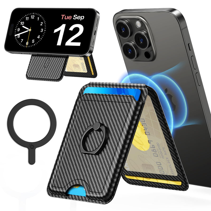 Magsafe Wallet with Magnetic Card-Holder - Phone Wallet with Adjustable Stand and Ring Grip, Fit 5 Cards, Compatible with iPhone, Samsung and etc, (Black) Black