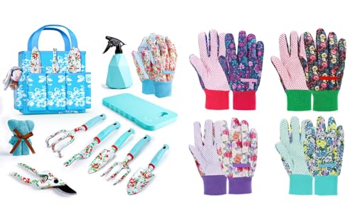 11PCS Floral Garden Tools Set & 4 Pairs Garden Gloves with Non-Slip PVC Dots(L)