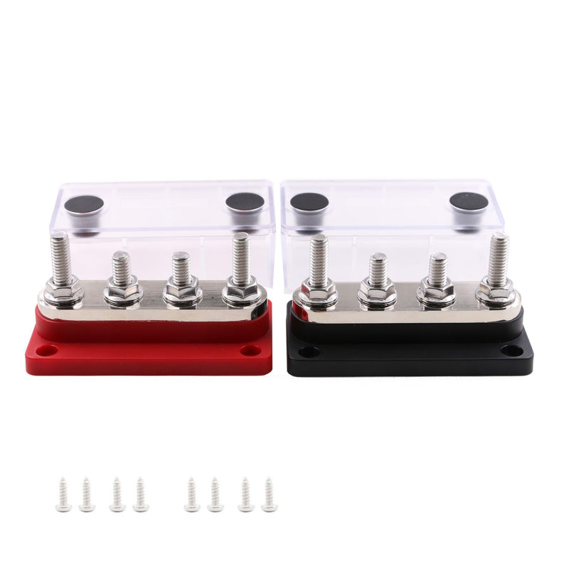 300A Bus Bar Marine Power Distribution Block with Cover 4X 5/16" (M8) Terminal Studs with Cover Marine Battery Bus Bar 12V - 48V for Automotive Car Boat 300A-4x 5/16"- Black& Red