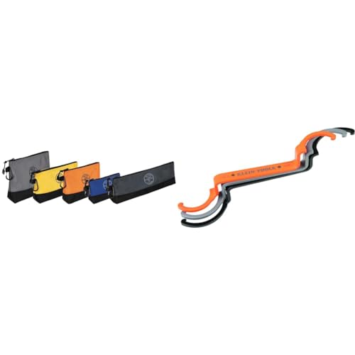 Klein Tools 55569 Stand-Up Zipper Bag Tool Pouch with Carabiners, Reinforced Gusseted Bottoms & 50900R Conduit Lockout Wrench Set, Tighten and Loosen Locknuts in Tight Spaces