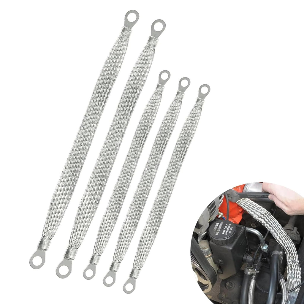 Pack-5 Car Ground Strap Kit, 10In 13In 220V Metal Flat Braided Vehicle Ground Straps Accessories, Durable Automotive Engine Ignition Coil Ground Strap, Universal for Trucks SUVs Cars (Silver)