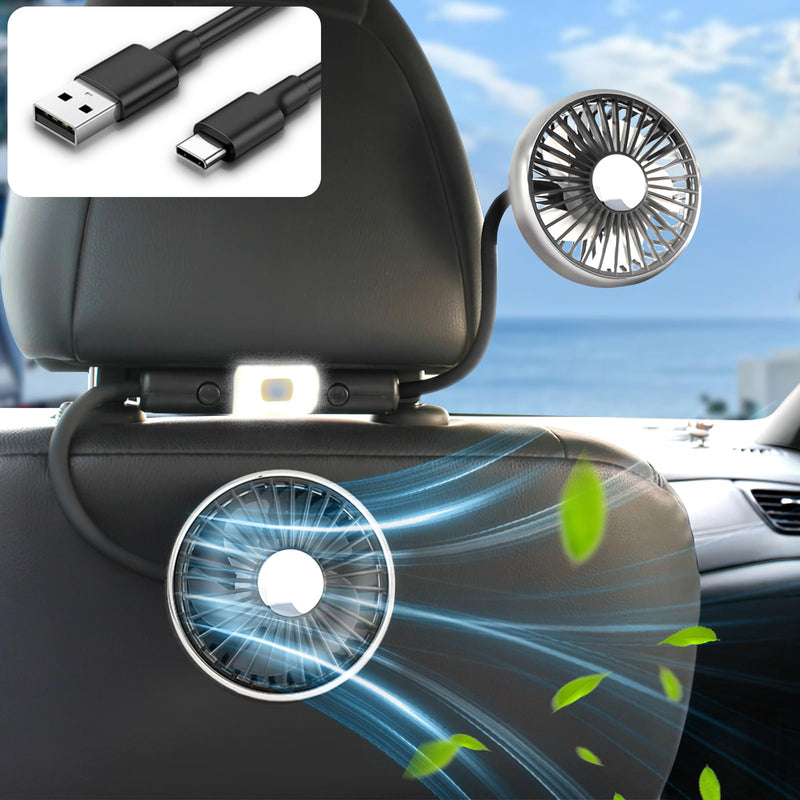 Hose Car Fan for Backseat Kids with Led Lights, USB Fan for Backseat of Car, Independent Control 3 Speeds 360°Rotatable Car Seat Fan for Baby Rear Facing, Back Seat Fan for Vehicles RV SUV Black and White