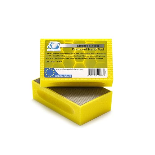 Glass Polish (Grit 400) Pack of 2 PRO Diamond Hand Pad Sanding Block for Smoothing, Edging and Polishing - 3.74” x 2.16” (95x 55mm) - GP15101