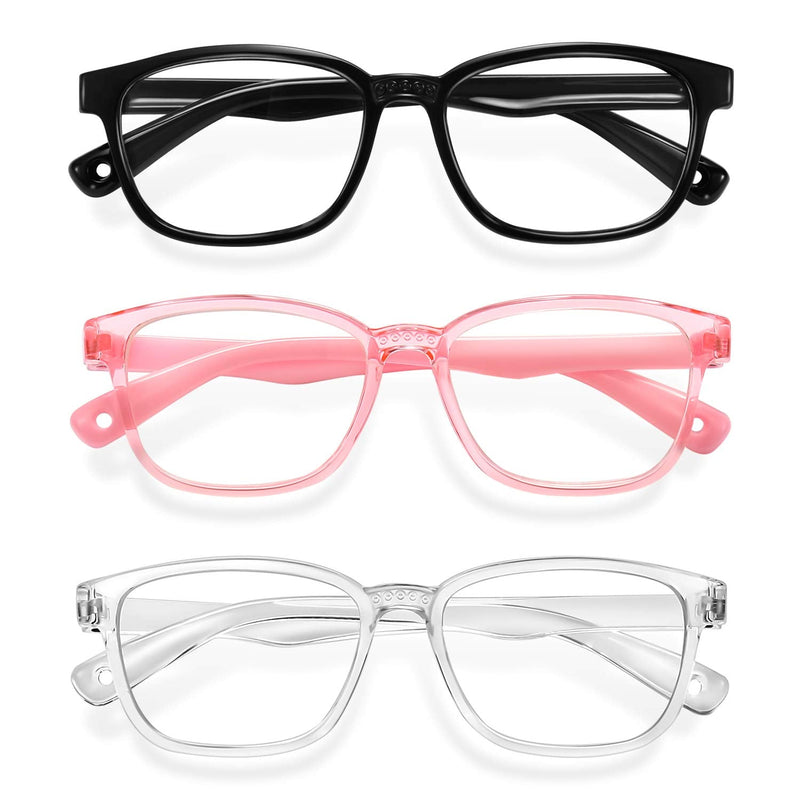 Okany Blue Light Glasses for Kids 3 Pack Anti Glare & Eye Strain Glasses Computer TV Phone Tablets UV Protection Glasses for Kids Boys Girls Age 3-12 (Black + Transparent + Pink)