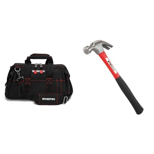 WORKPRO 16-inch Close Top Wide Mouth Tool Storage Bag with Water Proof Rubber Base, W081022A, 16" & YIYITOOLS Claw Hammer With fiberglass Handle – 16-oz, Red and Black (YY-1-003)