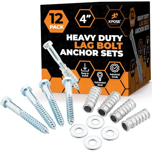 xpose safety Concrete Anchors Set with 4"" Lag Bolt, Lag Shield and Washer - 12 Sets per Pack - 1/2"" Bolt Lag Screws 4-Inch for Speed Bumps for Asphalt - Galvanized Steel Lag Bolts 4"