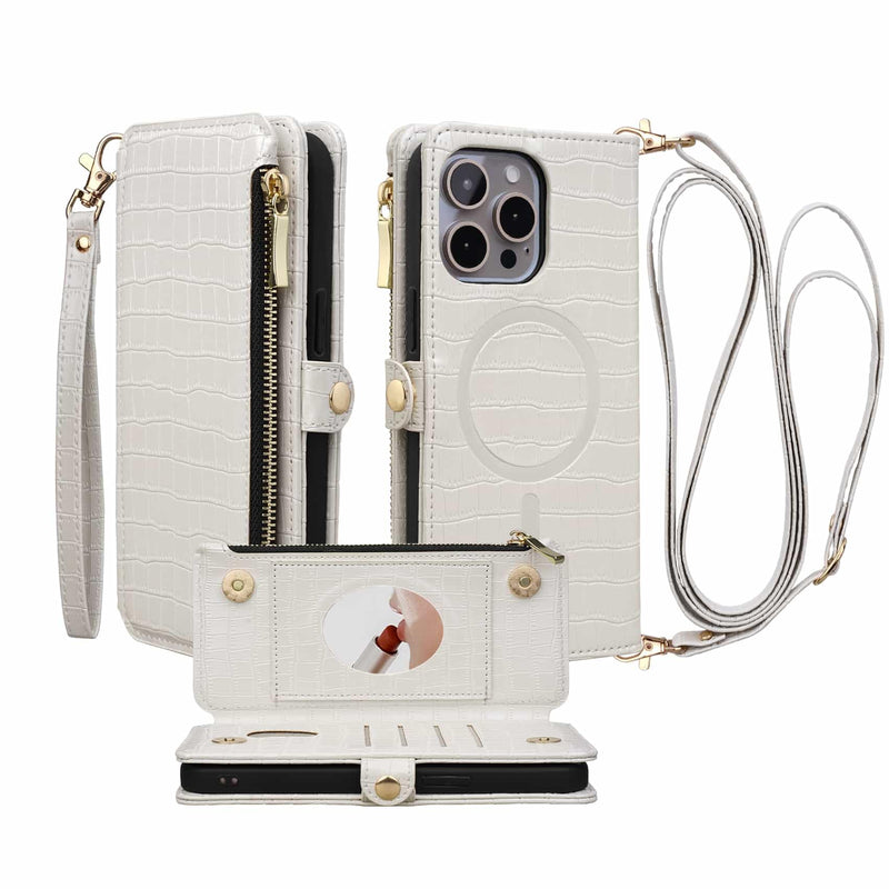 Wallet Case for iPhone 15 Pro Max with Mirror Zipper Magnetic Closure RFID Blocking Card Holder, Wristlet & Crossbody, PU Leather Shockproof Wireless Charging 6.7" Women Men (White) White