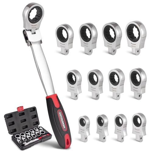 Flex Head Ratcheting Wrench Set, 8-19mm Ratchet Wrench Set with Interchangeable Heads for Mechanic Repair Metric