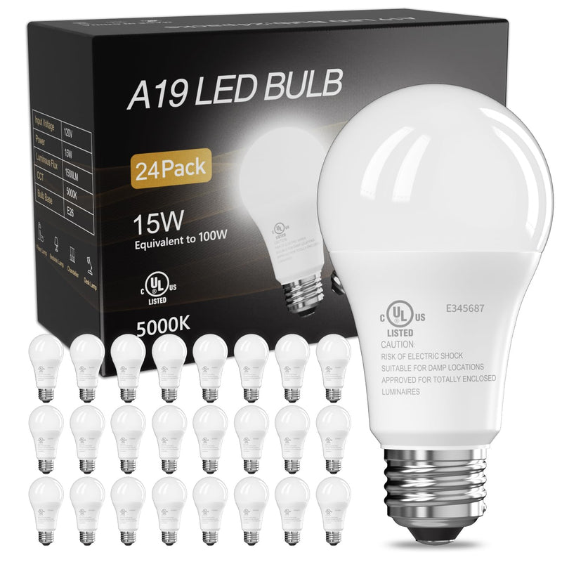 TJOY 24 Pack LED Light Bulbs, 100 Watt Equivalent A19, 5000K Daylight LED Bulb, 15W Bright White Energy Saving Lightbulbs with E26 Standard Base, 1500 Lumens Non Dimmable Lamp for Home Bedroom Kitchen 5000k Daylight White