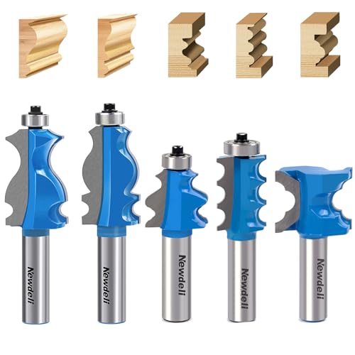 Newdeli 5Pcs Architectural Molding Router Bit Set 1/2" Shank Furniture Trim Molding Router Bits Bullnose Bead Column Face Molding Router Bit for Woodworking Tools