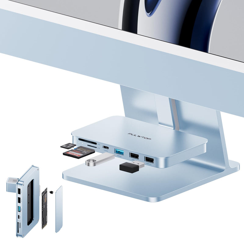 iMac Accessories for iMac24 inch 2021/2023/2024, PULWTOP iMac Hub with M.2 NVMe SSD Enclosure, i-Mac USB C Hub USB A/C 10Gbps, SD/TF, i-Mac USB Adapter for iMac24 M1/M3/M4 or Studio Display 27 inch Blue USB C Hub for iMac