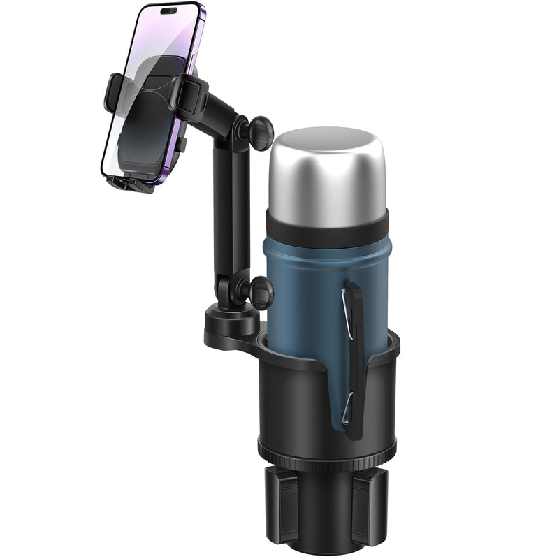 Car Cup-Holder Phone-Mount with Long Arm - 2 in 1 Adjustable Cup Holder Expander with Rubber and Expandable Base for 8-32oz Bottle, Cell Phone Stand Holder Friendly Fit iPhone & All Mobile Smartphones Large