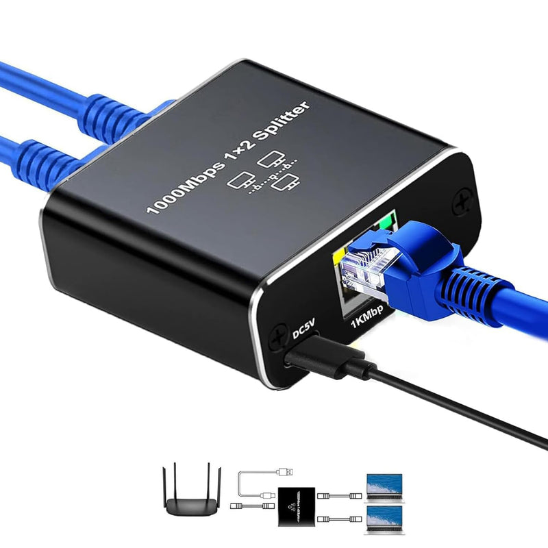 Gigabit Ethernet Splitter, RJ45 Network 1 to 2 Port High Speed [2 Devices Simultaneously Networking], 1000Mbps LAN Splitter with USB Power Cable for Cat 5/5e/6/7/8 Cable