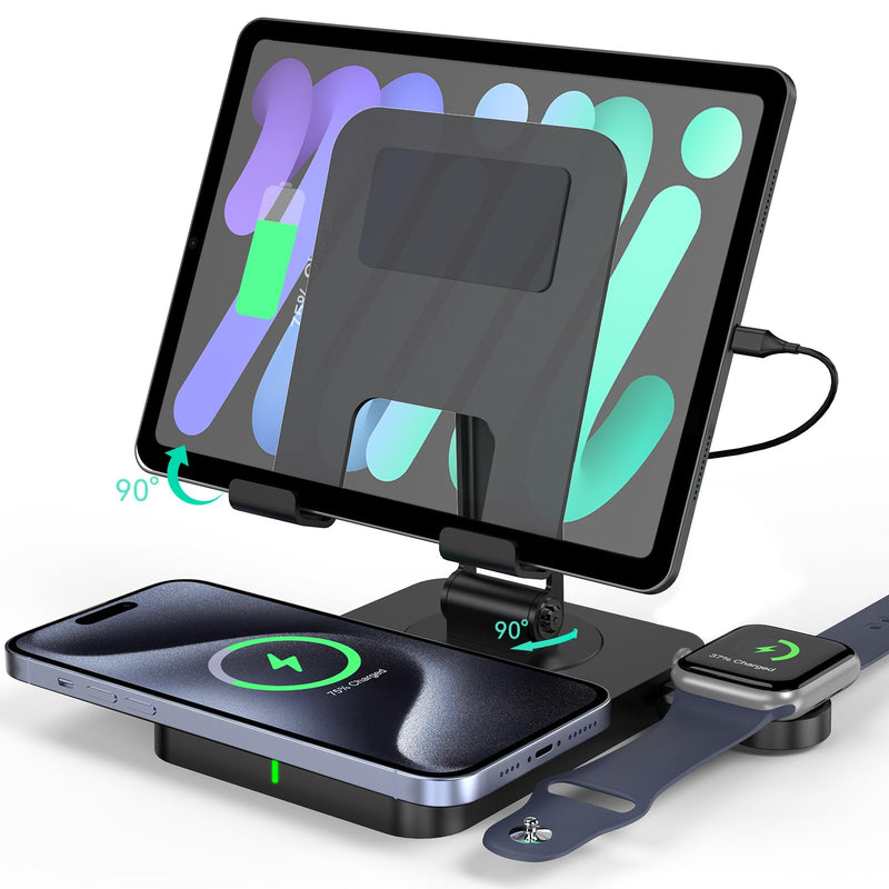 Wireless Charging Station for Multiple Devices Apple, Magsafe Charger for iPhone 15 Pro Max/14/13/12, Foldable Watch Charger for Apple Watch 9, Rotating iPad Charging Station with 45W Adapter
