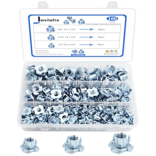 T Nuts 1/4"-20, 5/16"-18, 3/8"-16, Jovlalis 160 pcs Zinc Plated Steel T-Nut 4 Pronged Tee Blind Nuts Assortment Kit for Wood, Rock Climbing Holds, Cabinetry, Furniture Zinc Plated Steel T-Nuts